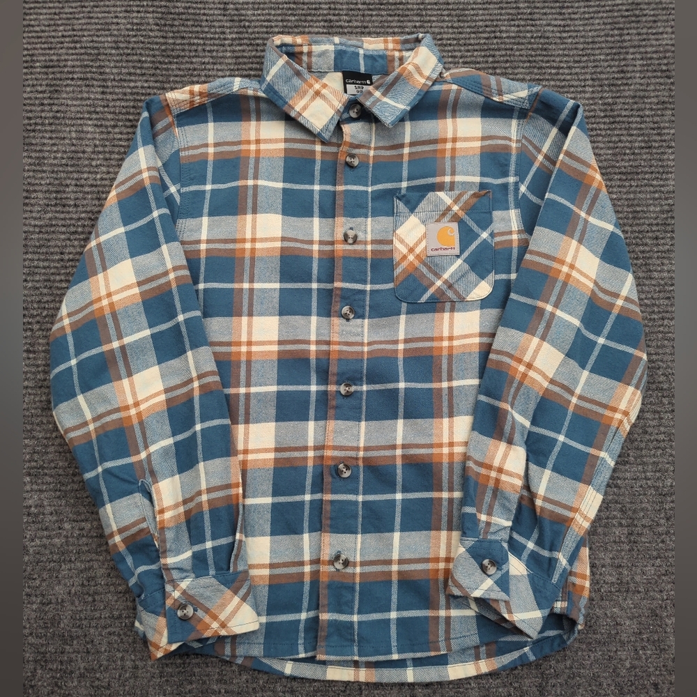 Carhartt Boys Blue & Mustard Yellow Cotton Flannel Shirt Size S, Cabincore